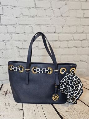 Michael Kors Navy Saffiano Leather Tote with Polka Dot Scarf